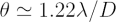 $ \theta\simeq 1.22\lambda/D $